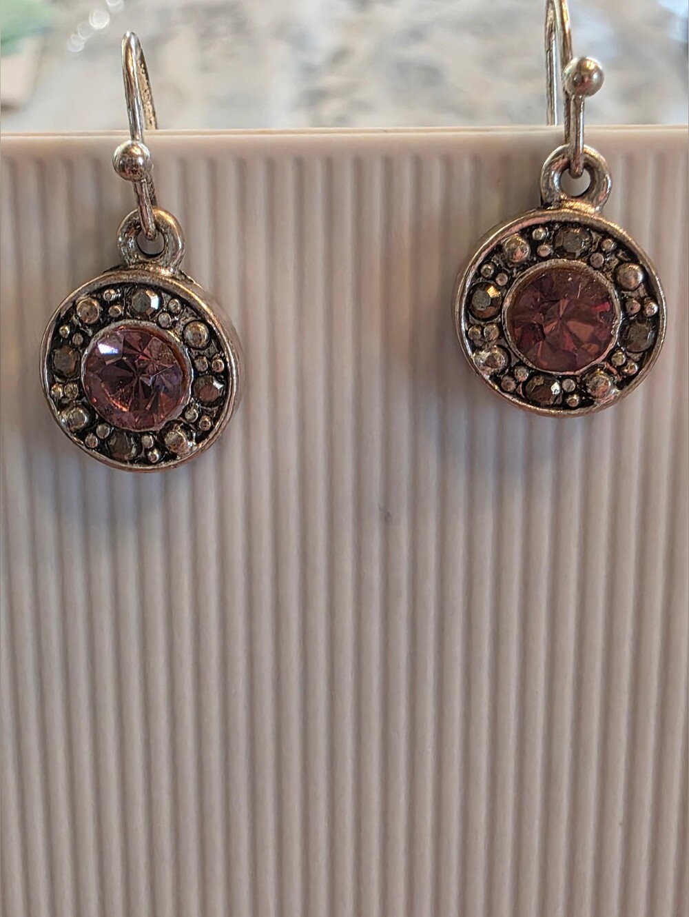 Vintage Style Amethyst Purple Crystal Dangle Earrings Silver Tone Round